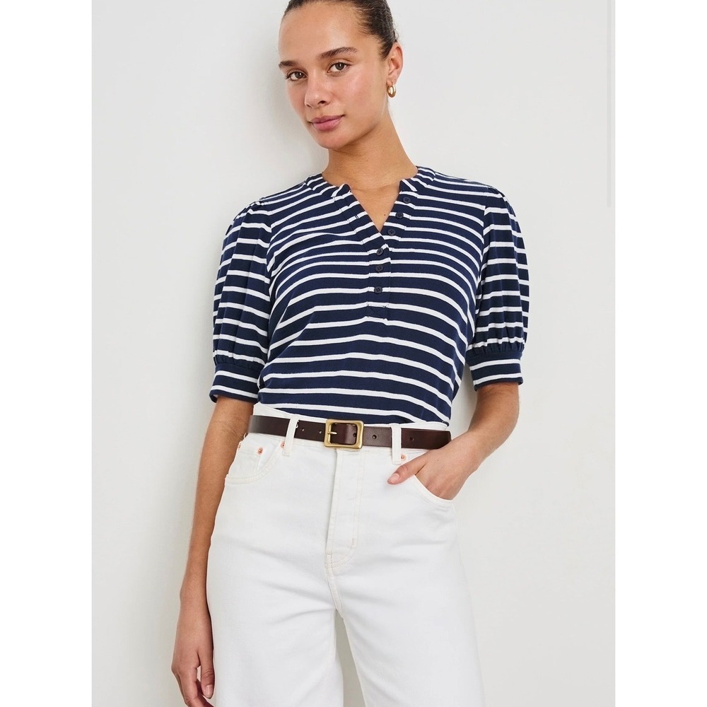 Rails Jewel Top Henley Women L Navy Ivory Striped Puff Sleeve Cotton Casual Chic